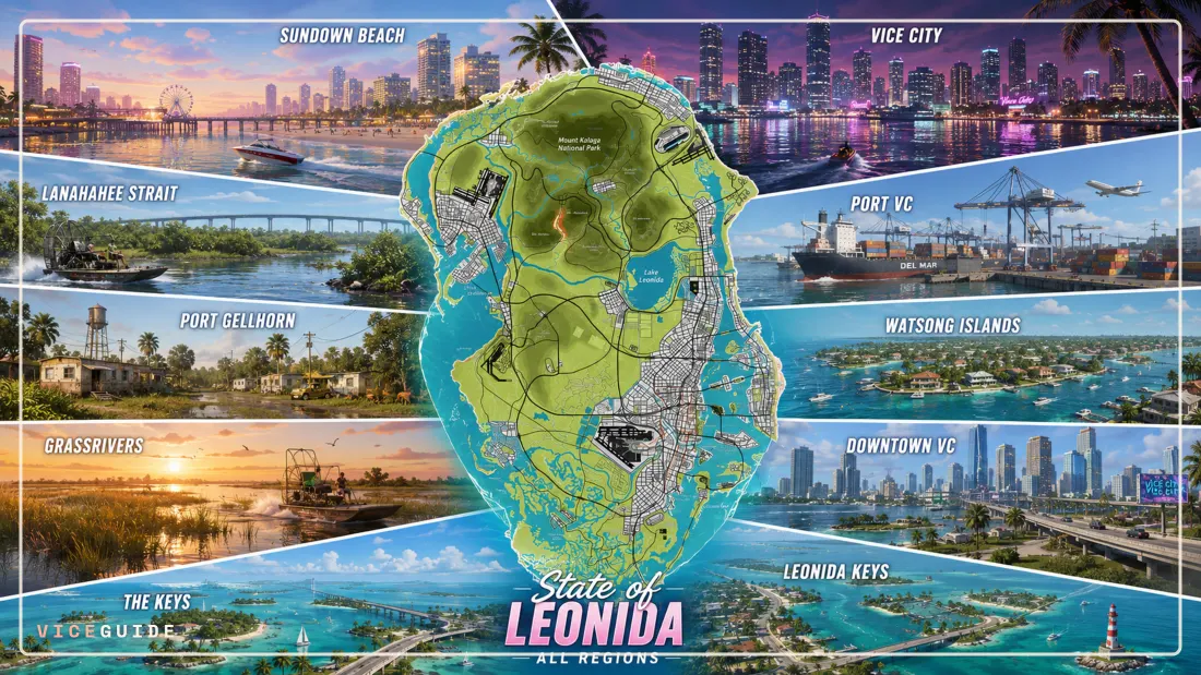 Die Karte von GTA 6: Alle Regionen von Leonida