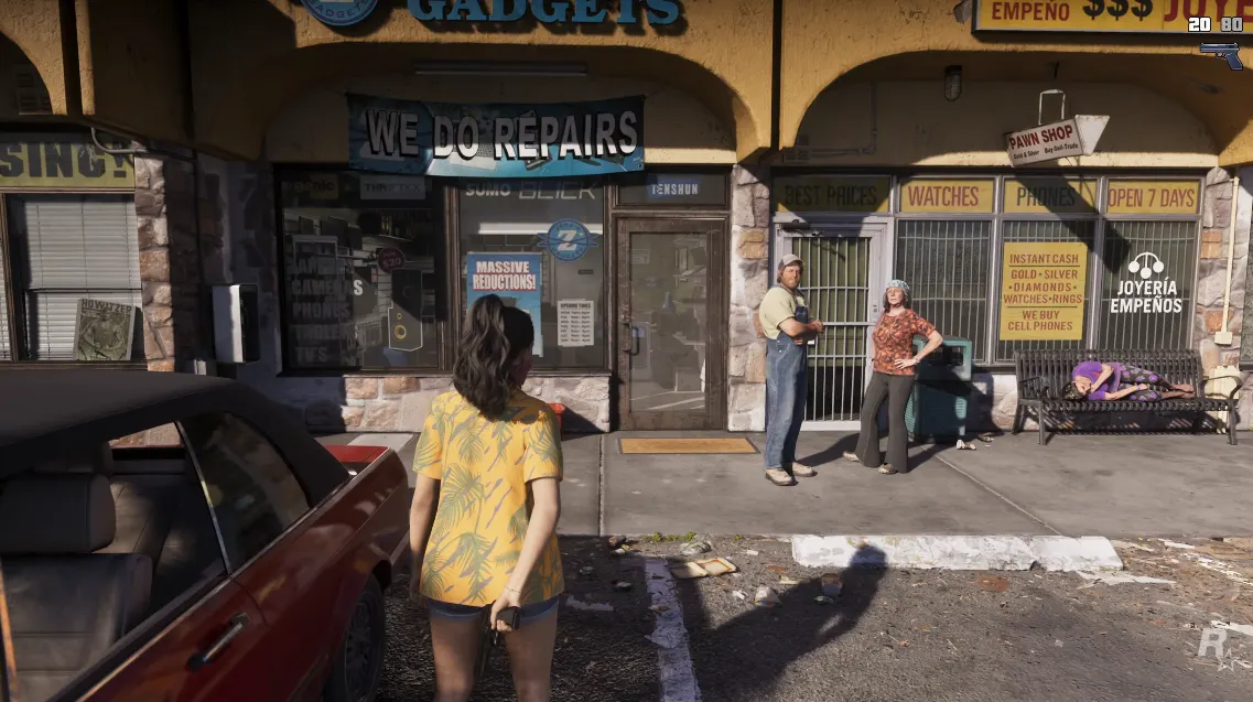 Zeugen, Passanten erkennen Kleidung und Fahrzeug und rufen die Polizei in GTA 6