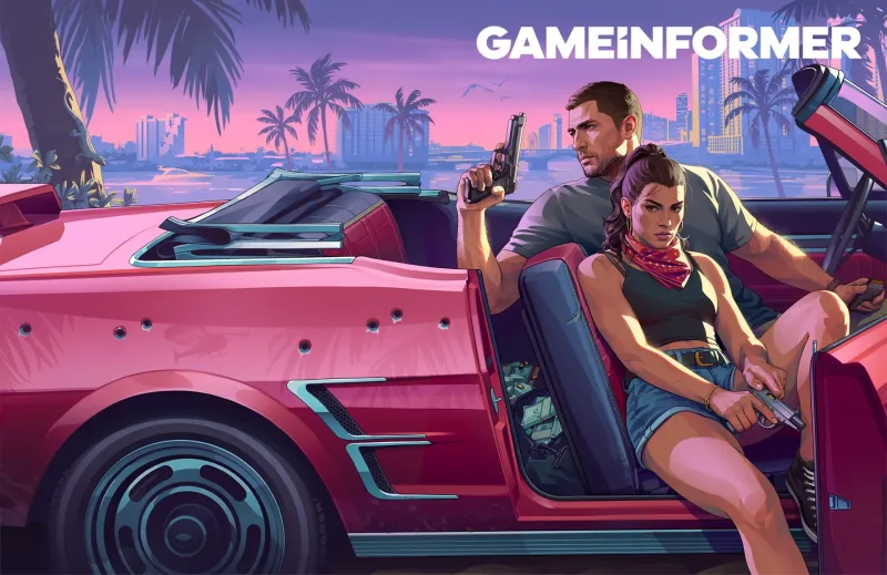 Das Artwork zur Ausgabe 382: Jason und Lucia mit gezogenen Pistolen in einem pinken Cabrio voller Einschusslöcher, im Fußraum liegen Geldbündel, dahinter die Skyline von Vice City. Bild: Game Informer, Artwork Rockstar Games