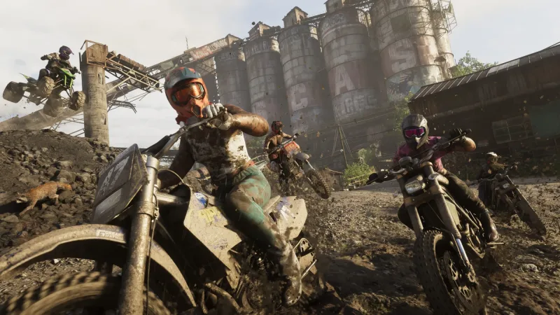Offizielles Bild eines Offroad-Rennens im Schlamm: Dirtbikes vor einer Silo-Ruine, links springt ein Quad. Das Bild stammt nicht aus dem Leak. Bild: Rockstar Games