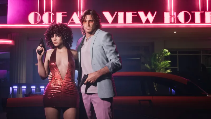 Jason und Lucia vor dem Ocean View Hotel, beide mit Pistole in der Hand. Bild: Rockstar Games