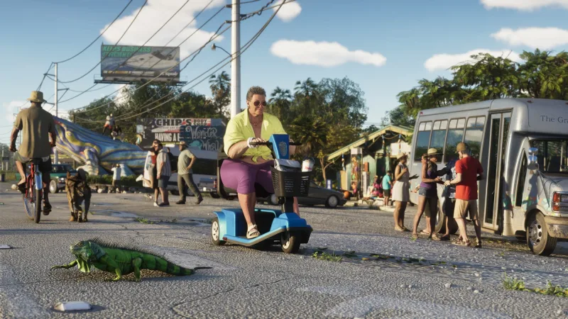 Ein grüner Leguan läuft über die Straße in den Leonida Keys. Bild: Rockstar Games