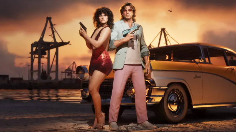 Jason und Lucia mit Pistolen vor einem Vapid Stanier, dahinter Hafenkräne im Abendlicht. Bild: Rockstar Games