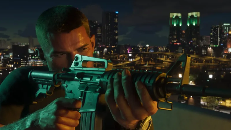 Jason zielt mit einem Sturmgewehr über die nächtliche Skyline. Bild: Rockstar Games