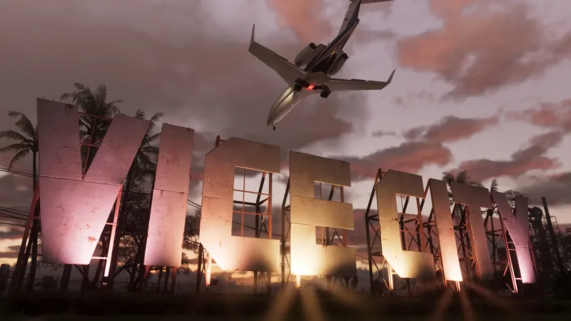 Ein Jet im Anflug über dem Vice-City-Schild. Bild: Rockstar Games