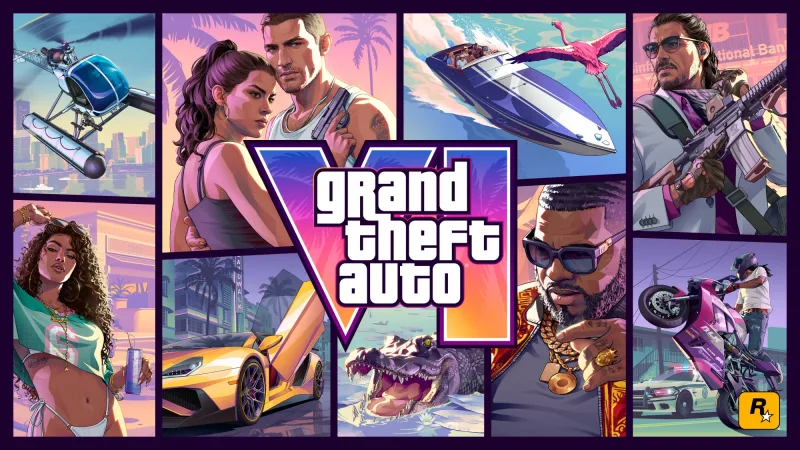 Das offizielle Cover-Artwork von Grand Theft Auto VI: Links oben stehen Lucia und Jason dicht beieinander, er hält eine Waffe. Bild: Rockstar Games