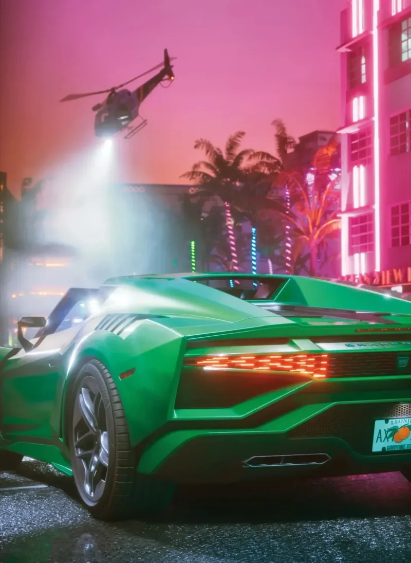 Ein grüner Supersportwagen mit dem Schriftzug GRANPO am Heck, darüber ein Polizeihubschrauber mit Suchscheinwerfer, rechts Neonfassaden im Stil von Ocean Drive. Das Kennzeichen zeigt Leonida und Goodtime State. Bild: Rockstar Games, Bloomberg