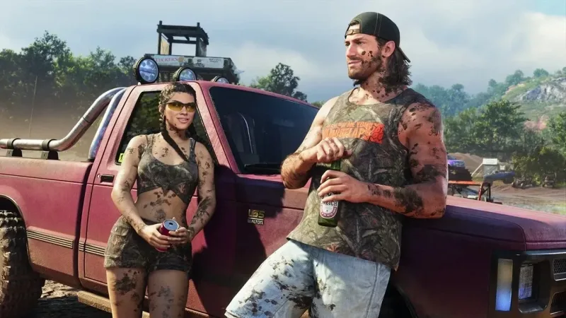 Jason und Lucia, beide mit Schlamm bedeckt, lehnen an einem dunkelroten Pick-up mit Walton-Badge, im Hintergrund ein Banner mit dem Namen Tuckers. Bild: Rockstar Games, Bloomberg