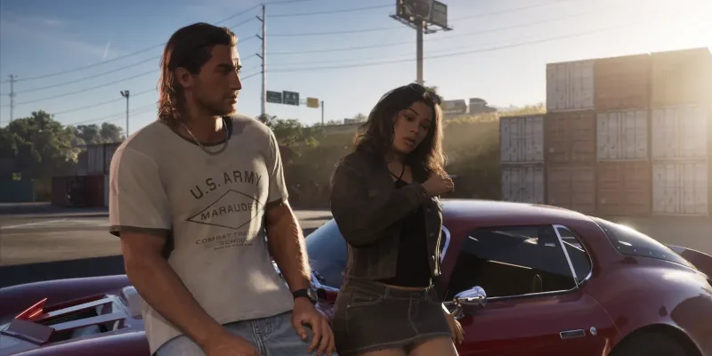 Jason und Lucia lehnen an einem roten Oldtimer vor Frachtcontainern. Auf Jasons Shirt steht U.S. Army, Marauder, Combat Training School, North Fort Law. Bild: Rockstar Games, Launch Trailer