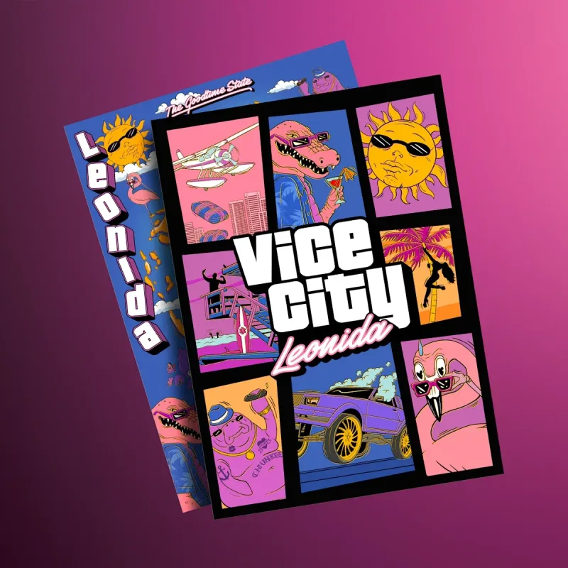 Zwei überlappende Poster aus der Sammlerbox: vorn das Vice-City-Motiv mit Comicfeldern, dahinter ein blaues Blatt mit dem Schriftzug Leonida. Eine Kartenseite ist nicht zu erkennen. Bild: Rockstar Games Store