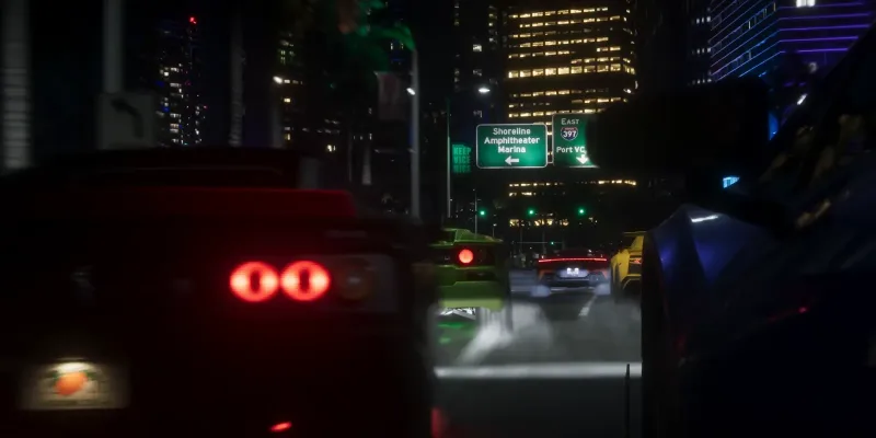 Nachtfahrt mit Straßenschildern zum Shoreline Amphitheater Marina und zur East 397 Richtung Port VC. Bild: Rockstar Games, Launch Trailer