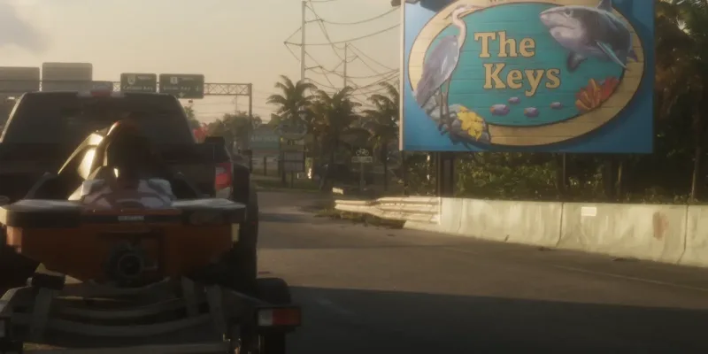 Der Trailer-Anfang auf dem Highway: Wegweiser nach Catalan Key und Goose Key, dahinter The Rusty Anchor und das Arrow-Schild. Bild: Rockstar Games, Launch Trailer