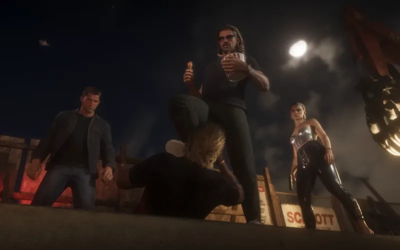Sekunde 62 im 4K-Bild: der Mann mit dem Hühnchen-Eimer, dazu ein Bauzaun-Schild, das auf OTT Construction endet. Bild: Rockstar Games, Launch Trailer