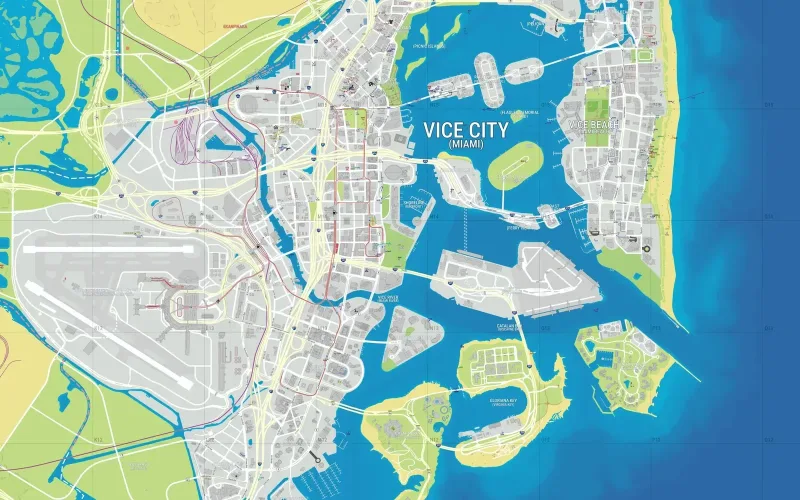 Vice City und Vice Beach auf Version 16, unserem Stand. Die blauen Gebäude von Version 17 fehlen hier noch. Kartenbild: YANIS V16, GTA 6 Mapping Project, GTA VI Map Tiles (CC BY 4.0), map.gtadb.org, Ausschnitt von ViceGuide