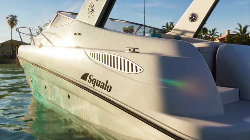 Das Sportboot Squalo, der Name steht am Rumpf. Bild: Rockstar Games